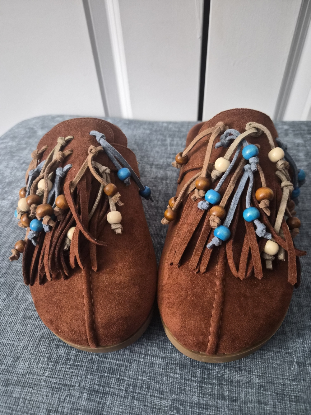 Azalea Wang Brown Suede Tassel Slip-On Shoes with Bead Accents